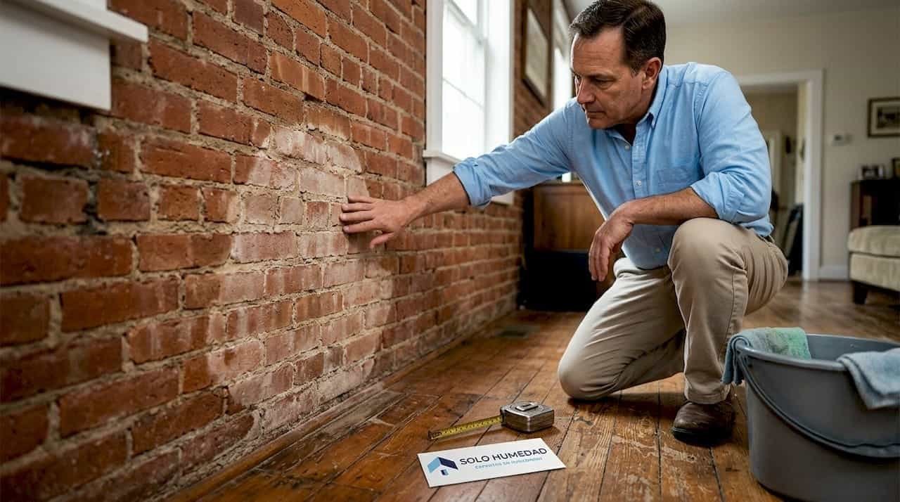 Una persona inspecciona una pared donde se puede apreciar claramente la humedad.