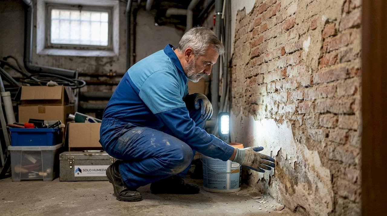 Especialista revisando la presencia de humedad en una pared de ladrillo.