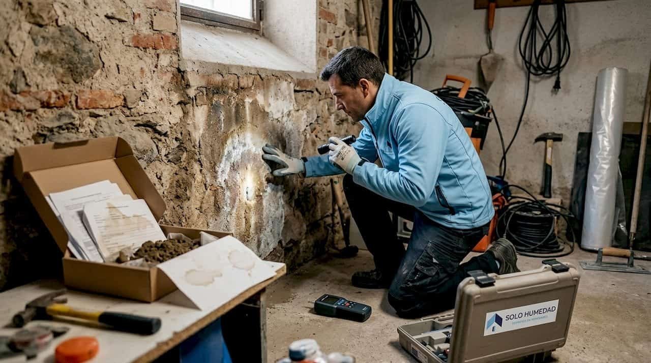 Especialista revisando un muro subterráneo con signos de humedad