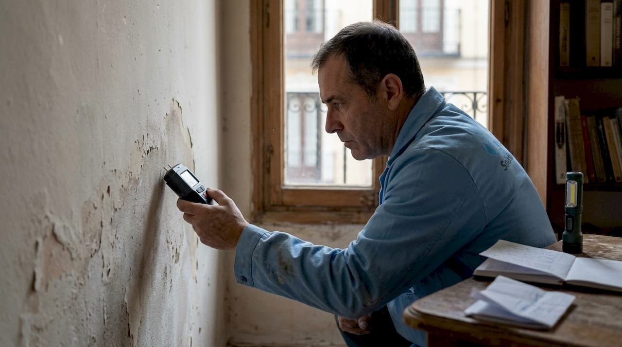 Especialista inspeccionando la humedad en una pared de casa