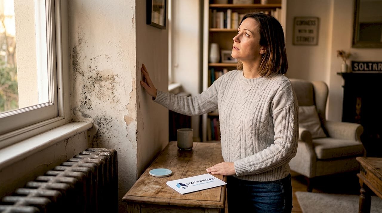 Mujer revisando las humedades que han aparecido en la pared