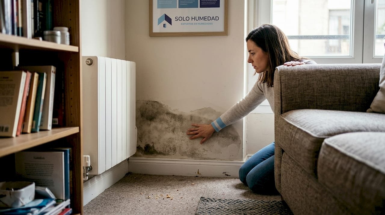 Persona inspeccionando una mancha de humedad en el salón de casa