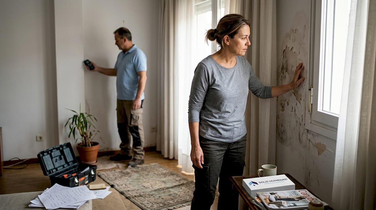 Una mujer observa preocupada las manchas de humedad que han aparecido en la pared de su casa.
