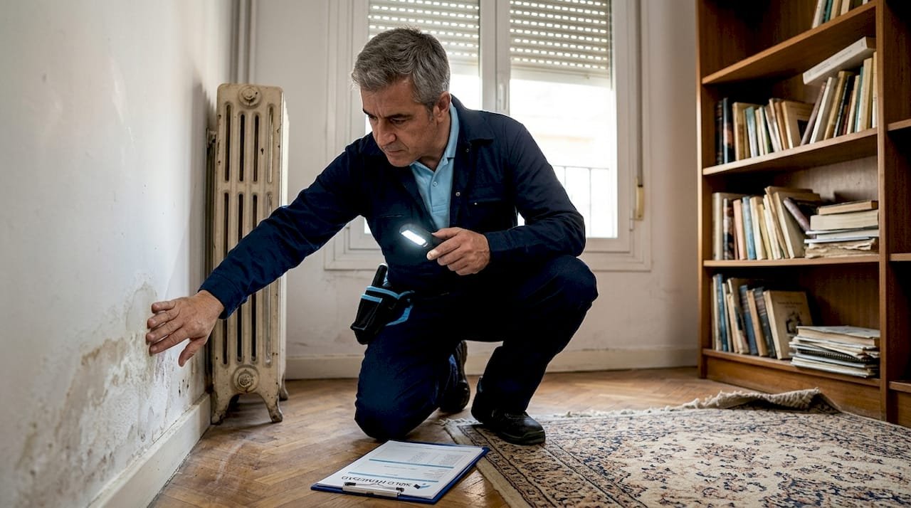 Un técnico realiza una inspección de humedades en una vivienda de Madrid.