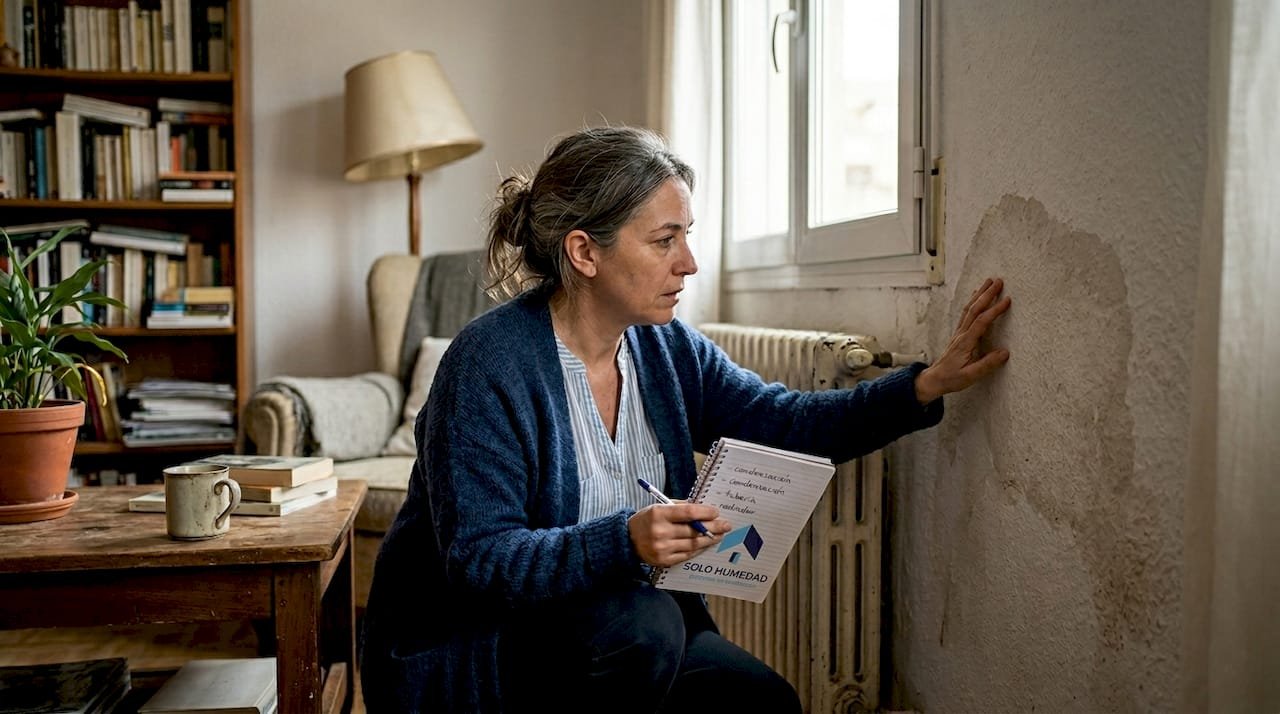 Una mujer inspecciona una mancha de humedad en la pared del salón.