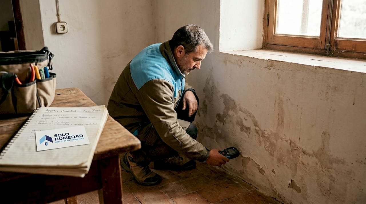 Especialista revisando la humedad en la pared de una vivienda rural