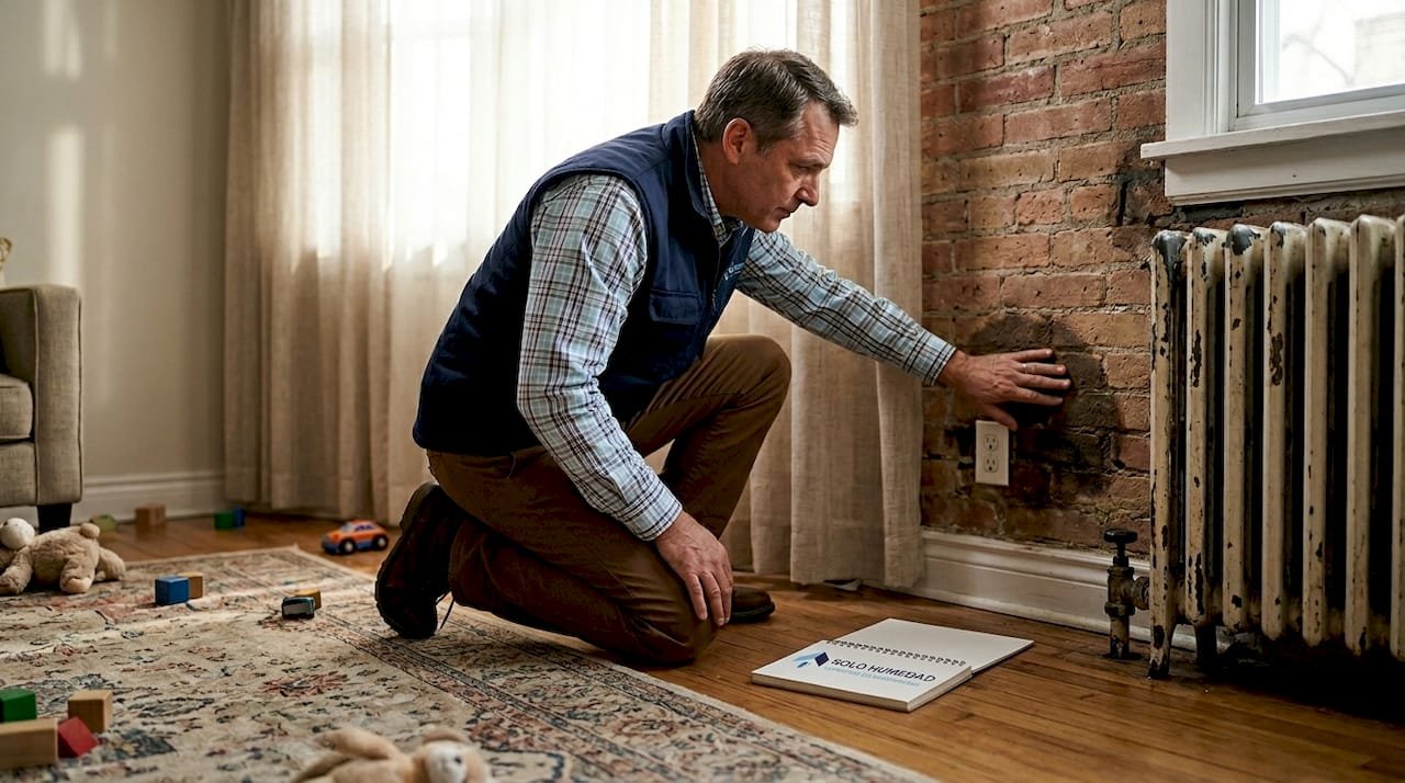 Un técnico revisa una pared con humedades en una vivienda.