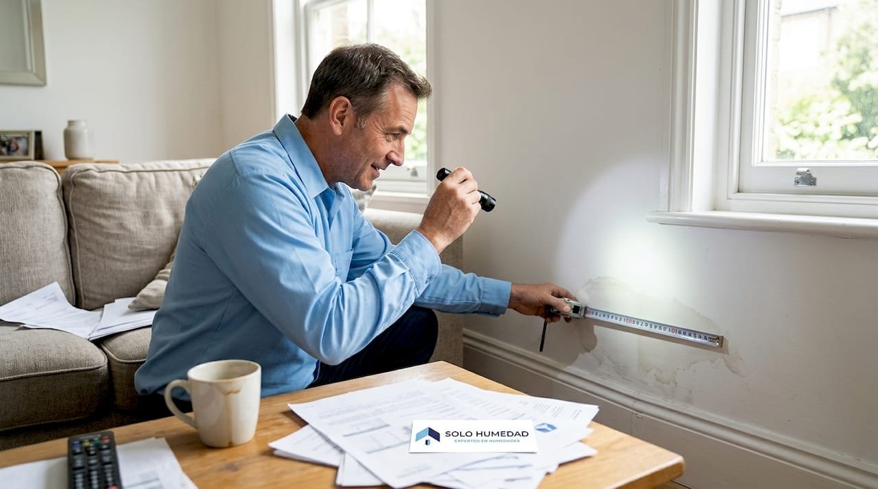 Un hombre revisa una mancha de humedad que apareció en la pared del salón.