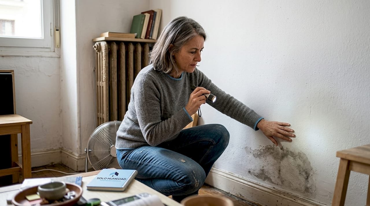 Una mujer inspecciona una mancha de humedad en la pared del salón, preocupada por posibles filtraciones.