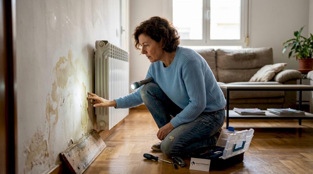 Una mujer revisa la pared de la sala porque ha notado manchas de humedad.