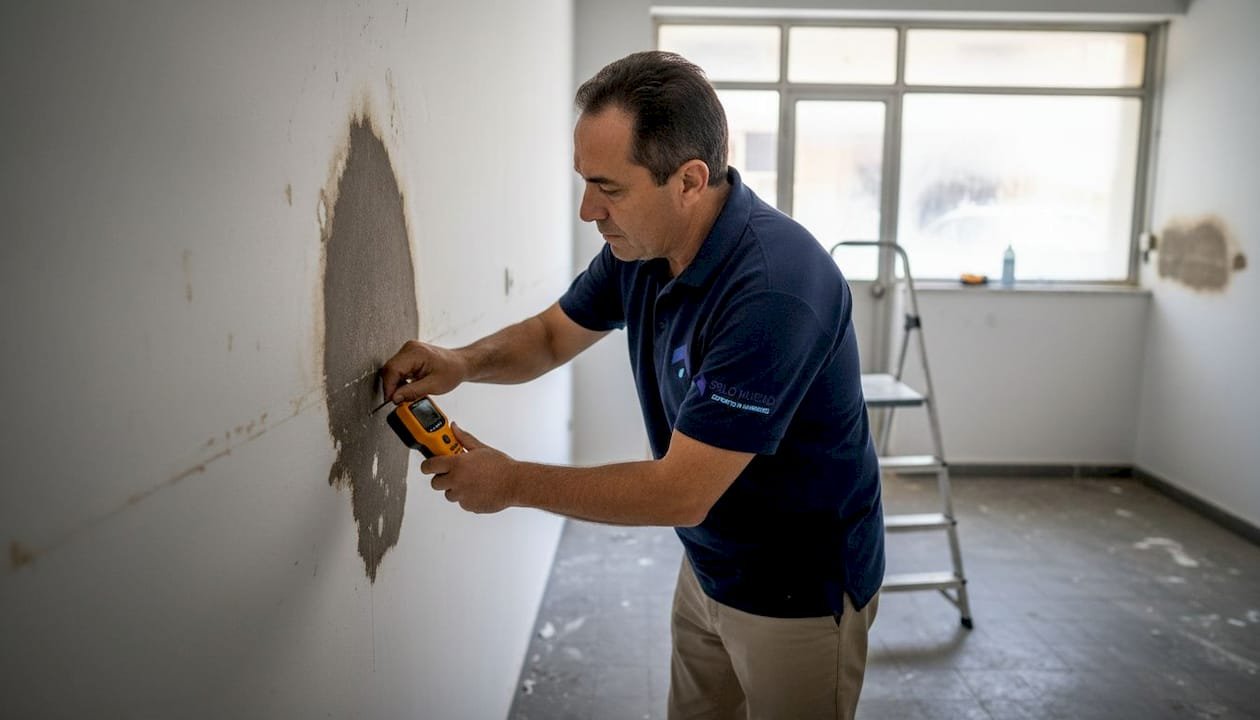 Especialista revisando la humedad en la pared de un local comercial