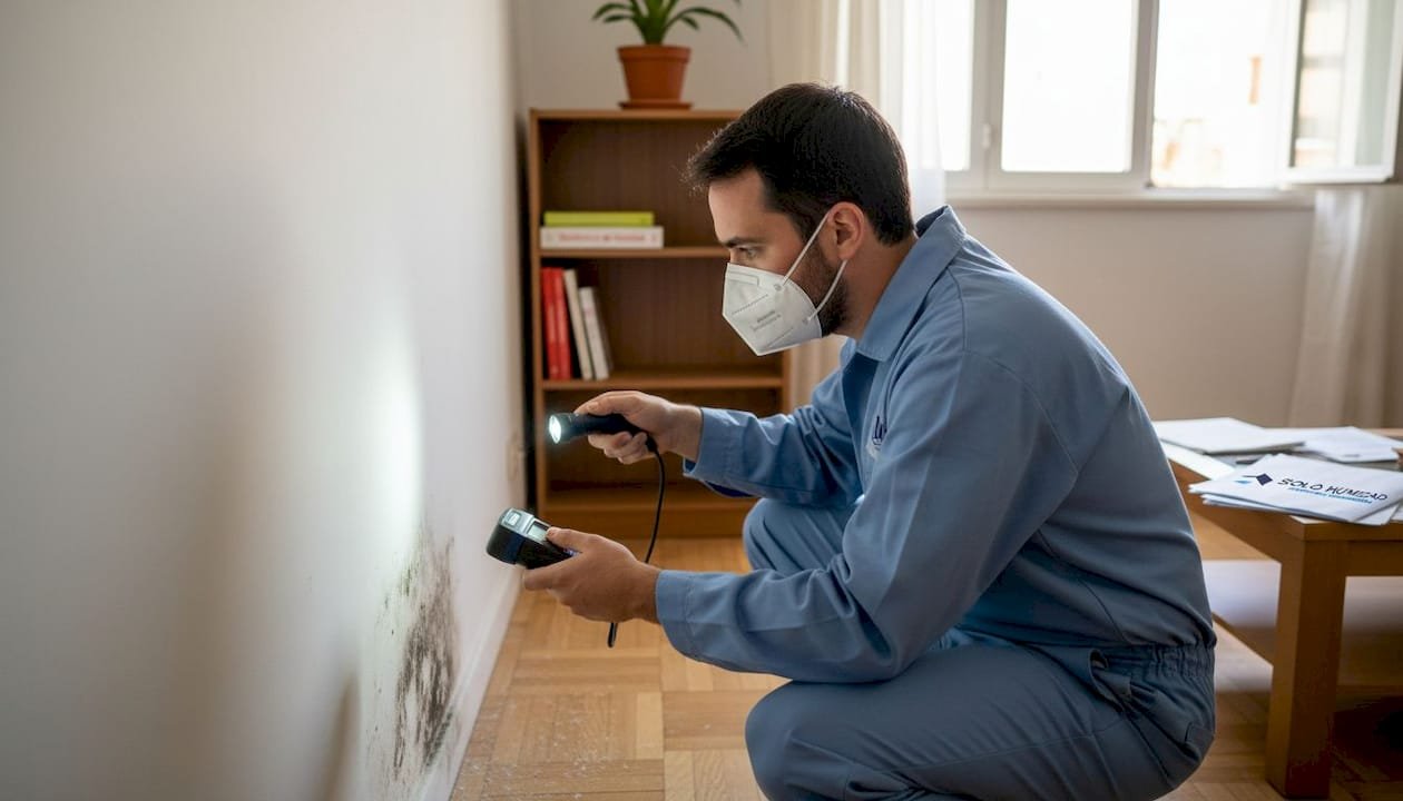 Experto inspeccionando la presencia de humedad y moho en las paredes de una casa
