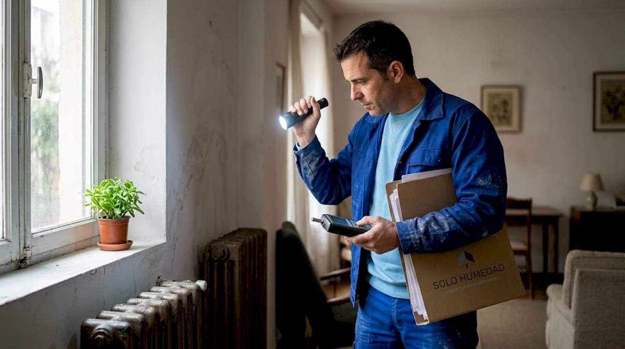 Un especialista inspecciona las humedades en una habitación de Madrid.