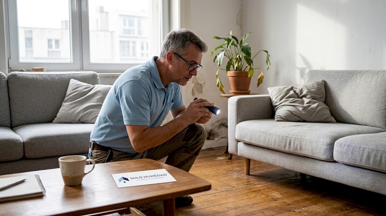 El técnico inspecciona una posible filtración de humedad en una de las esquinas del salón.