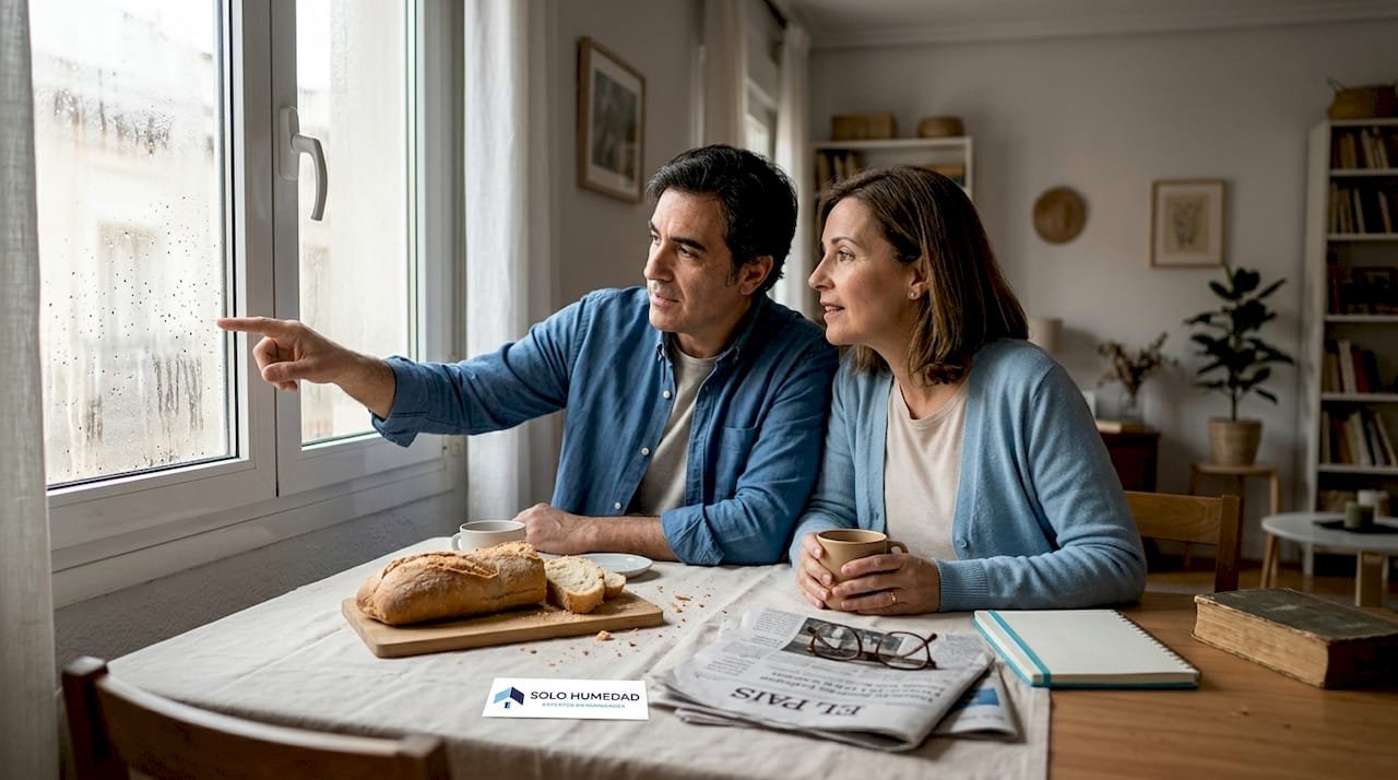 Una pareja se fija en el vaho que se forma en la ventana.
