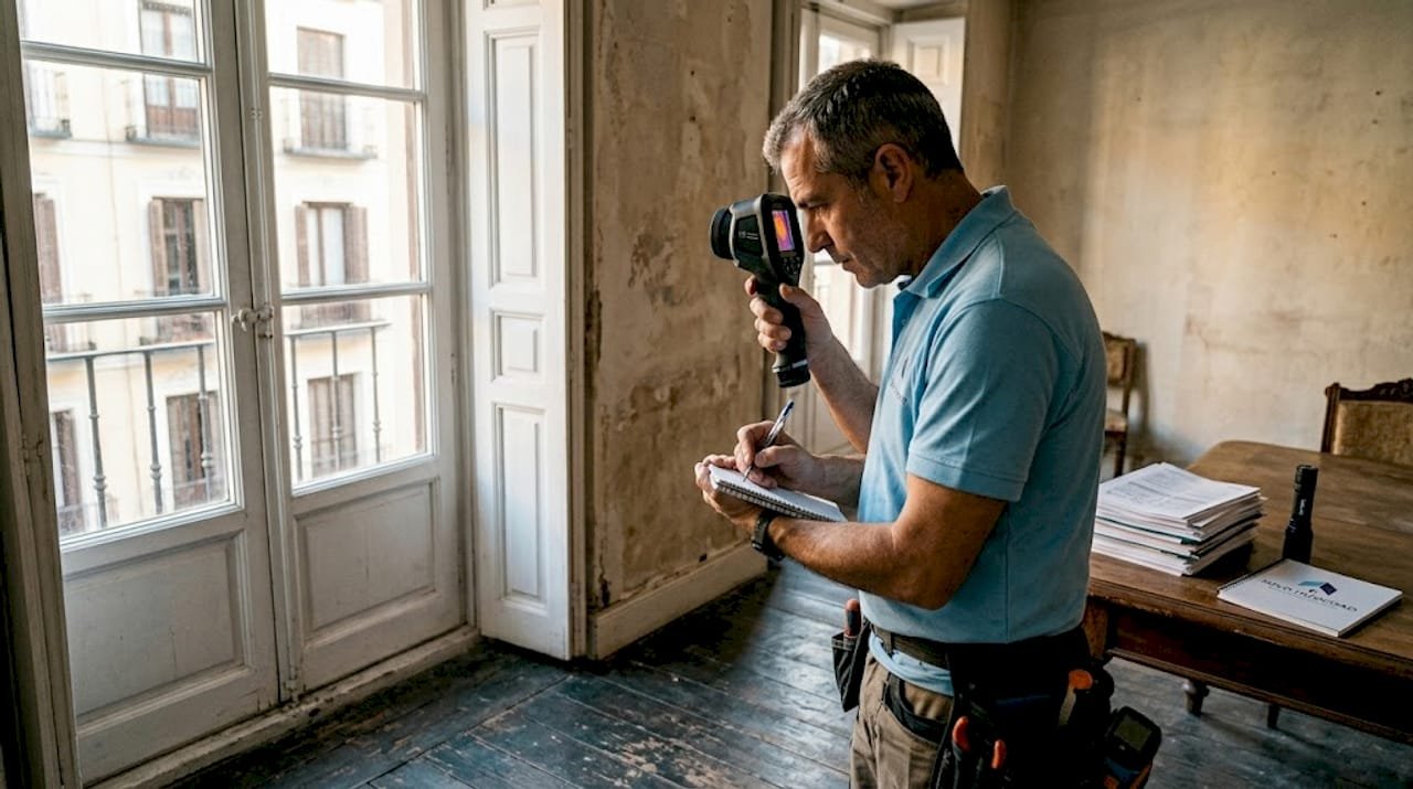 Un especialista revisa los niveles de humedad en una casa antigua