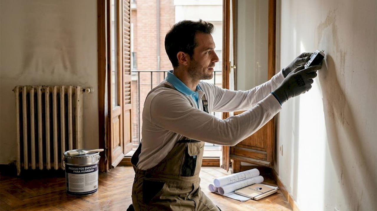 Un técnico revisa la pared para detectar posibles problemas de humedad.