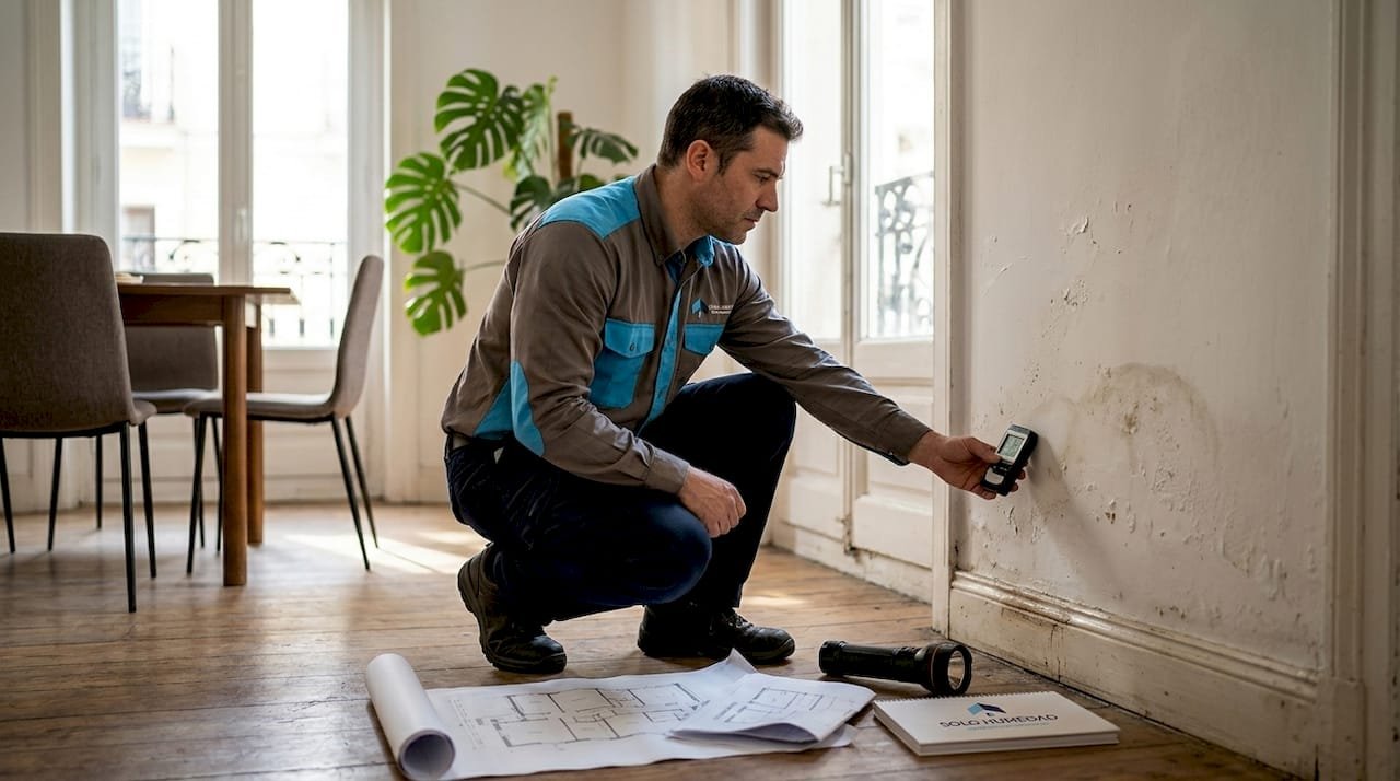 Especialista revisando la humedad de una pared con un medidor profesional