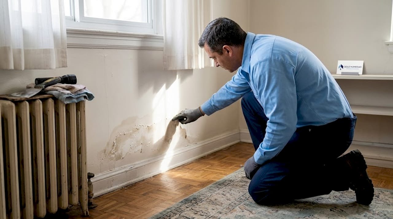 Especialista inspeccionando una filtración de humedad en la pared