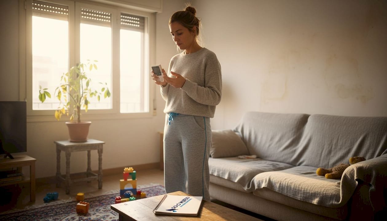 Una mujer inspecciona las manchas de humedad que han aparecido en una sala de Madrid.
