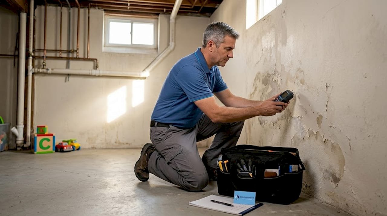 Un profesional está revisando la pared del sótano para detectar posibles daños causados por la humedad.