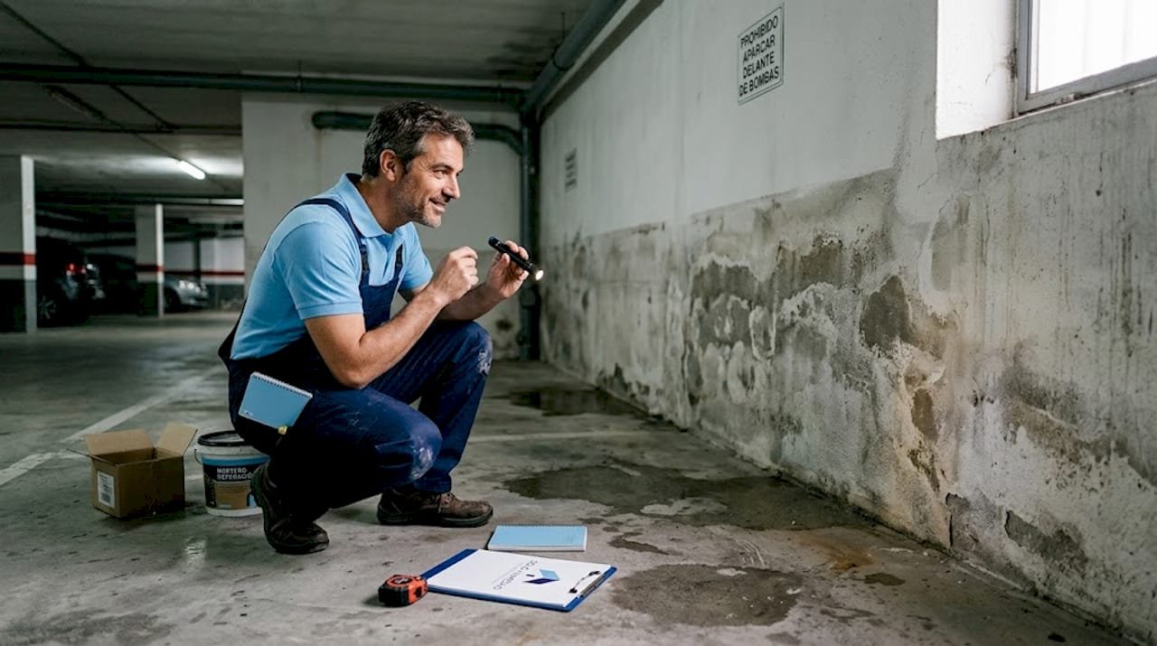 Un especialista está inspeccionando la humedad en el garaje.