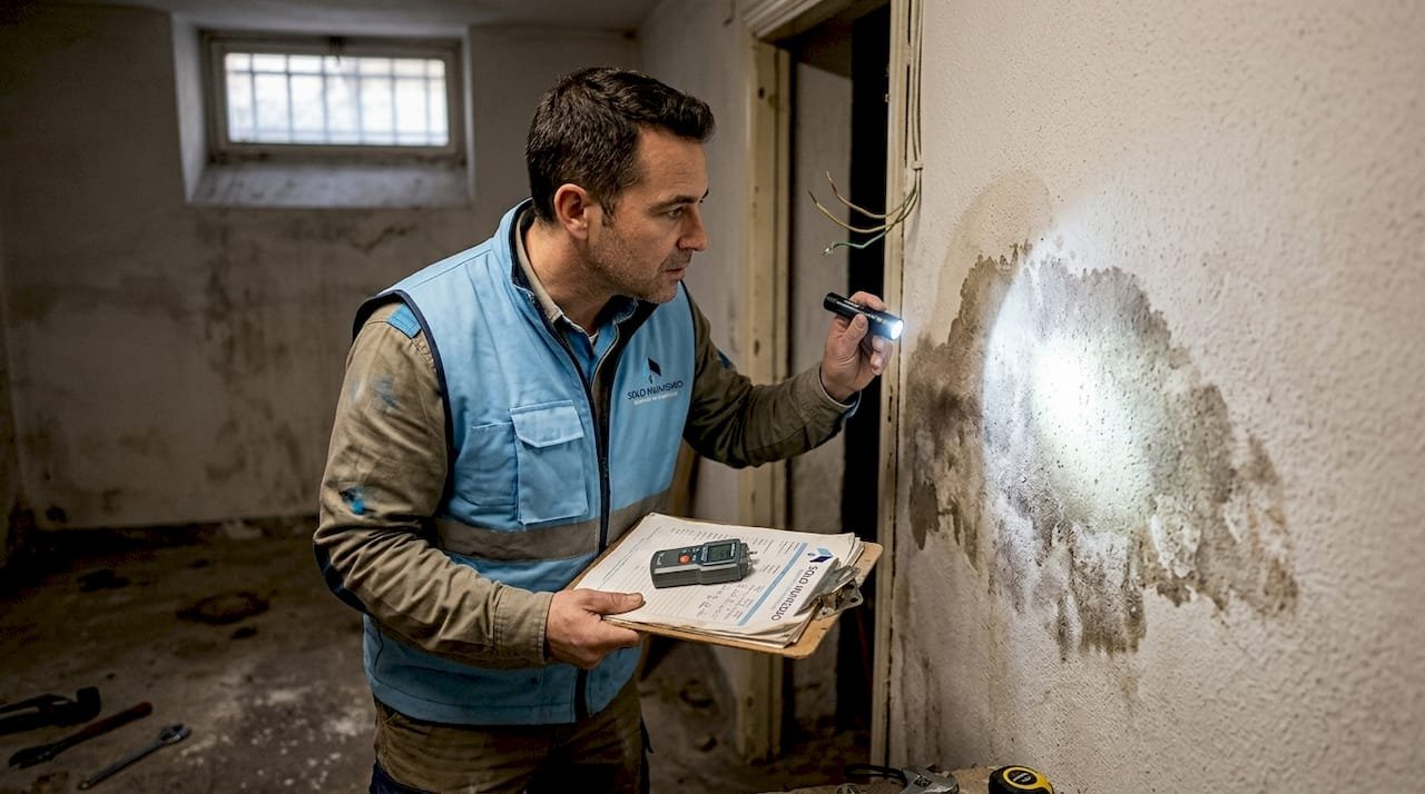 Un especialista inspecciona las filtraciones de humedad en el sótano de una vivienda en Madrid.