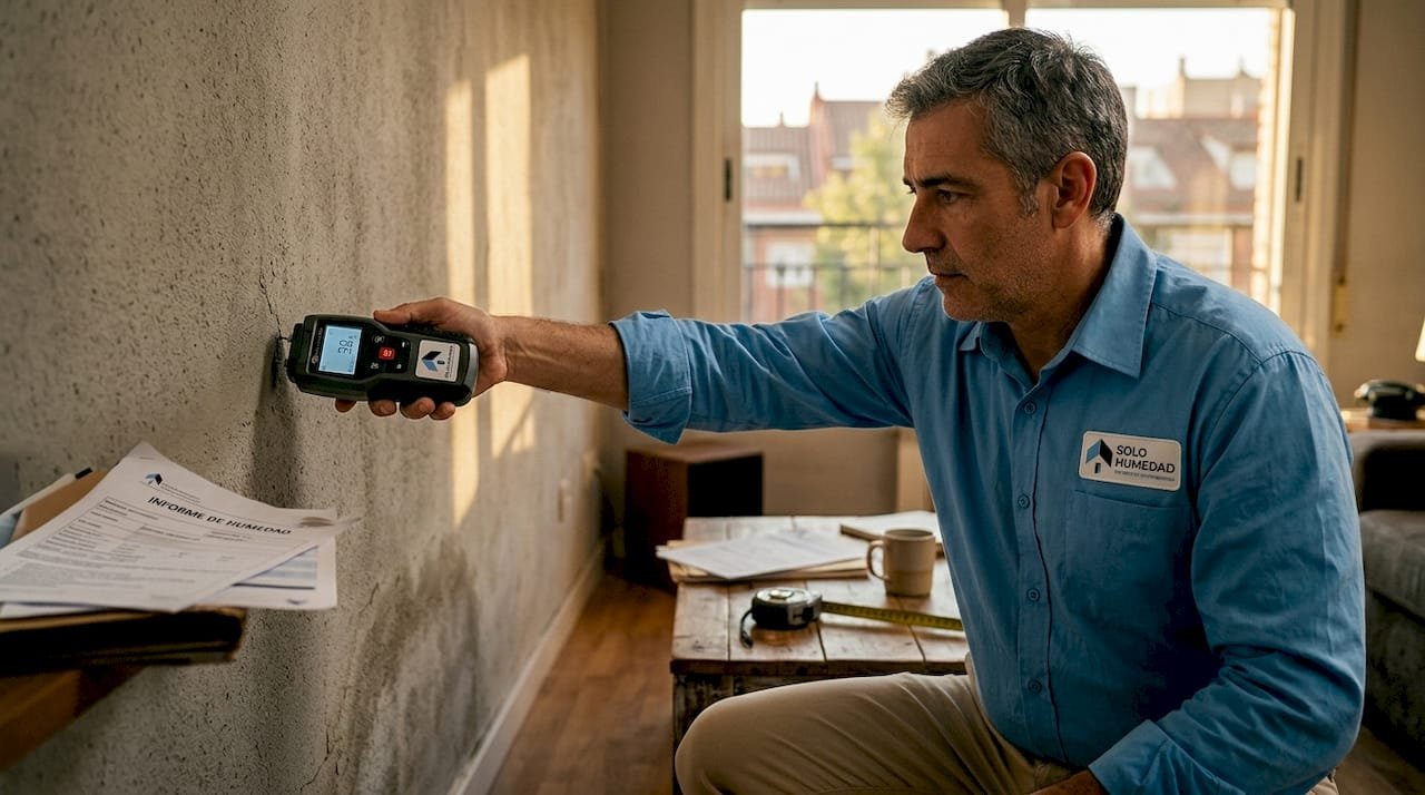 Un técnico revisa la humedad en la pared del salón.