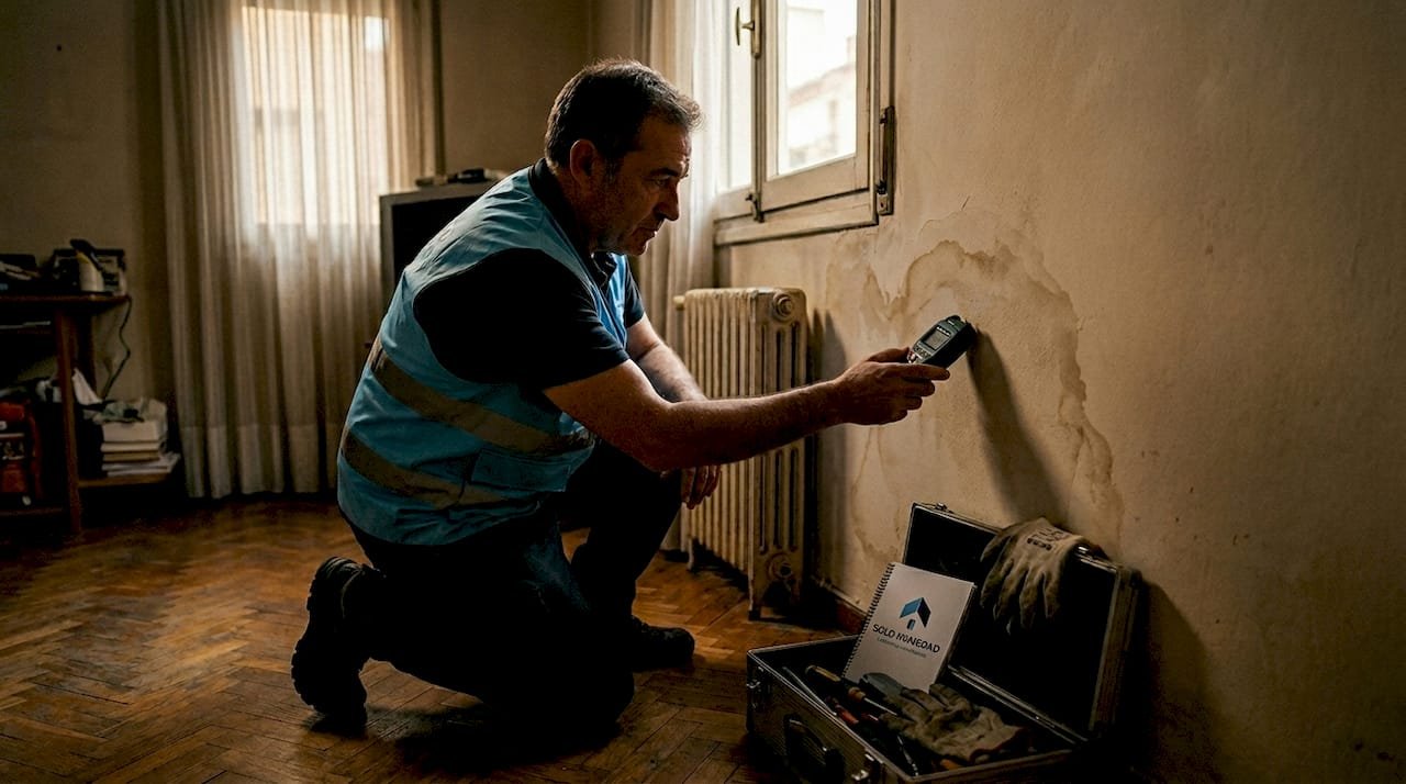 Un técnico revisa la humedad en la pared de un piso.