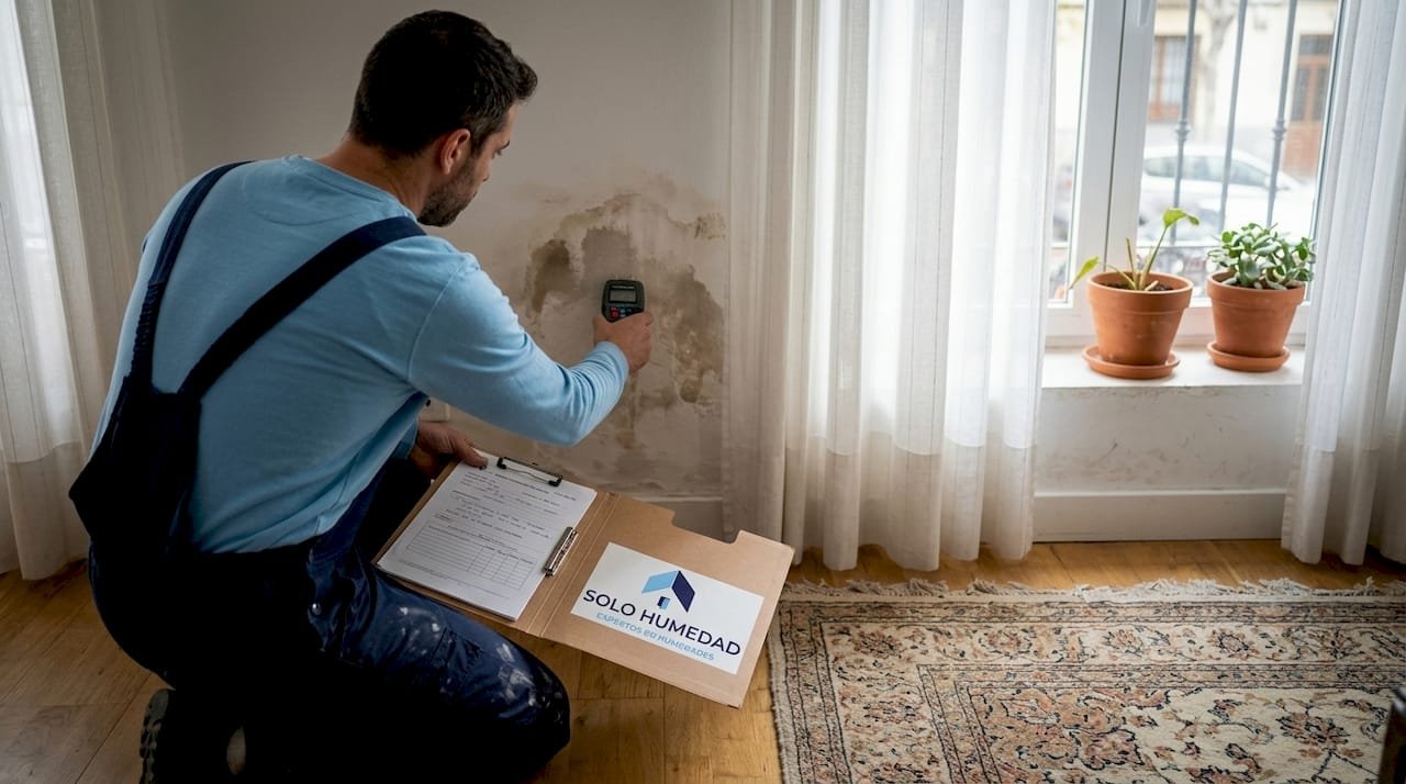 Especialista revisando una pared con signos de humedad