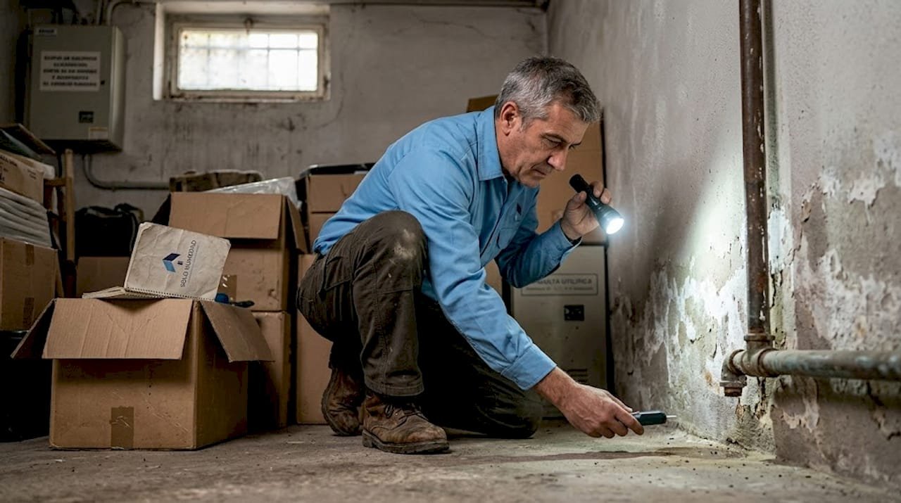 Un especialista revisa las filtraciones de humedad en el sótano de una vivienda.