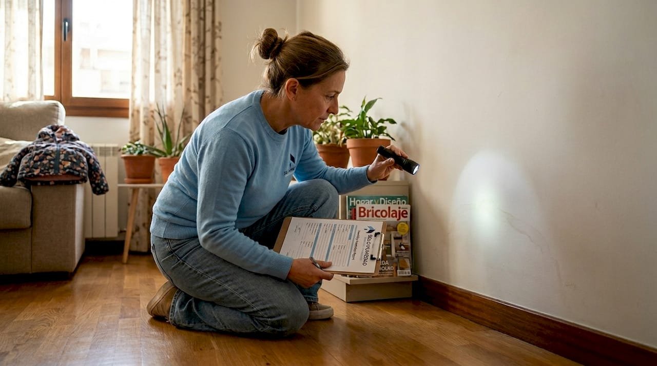 Mujer revisando la pared del salón en busca de posibles filtraciones de agua