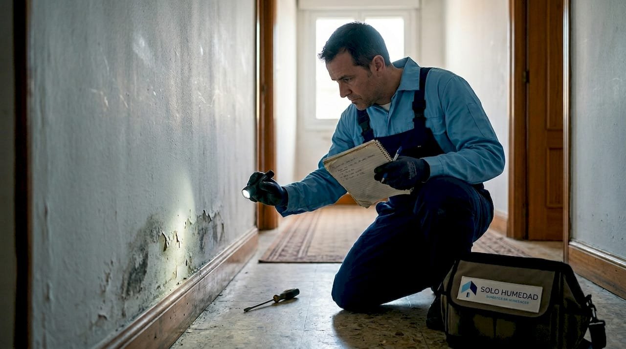 Un especialista inspecciona una pared que presenta manchas de humedad.