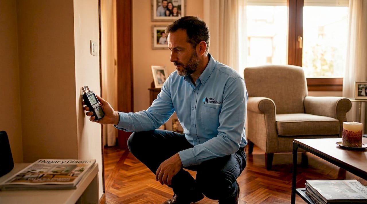 Especialista revisando el nivel de humedad en una habitación con un higrómetro