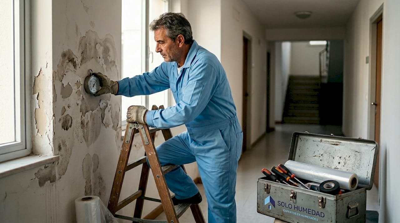 Un especialista revisa una pared afectada por la humedad.