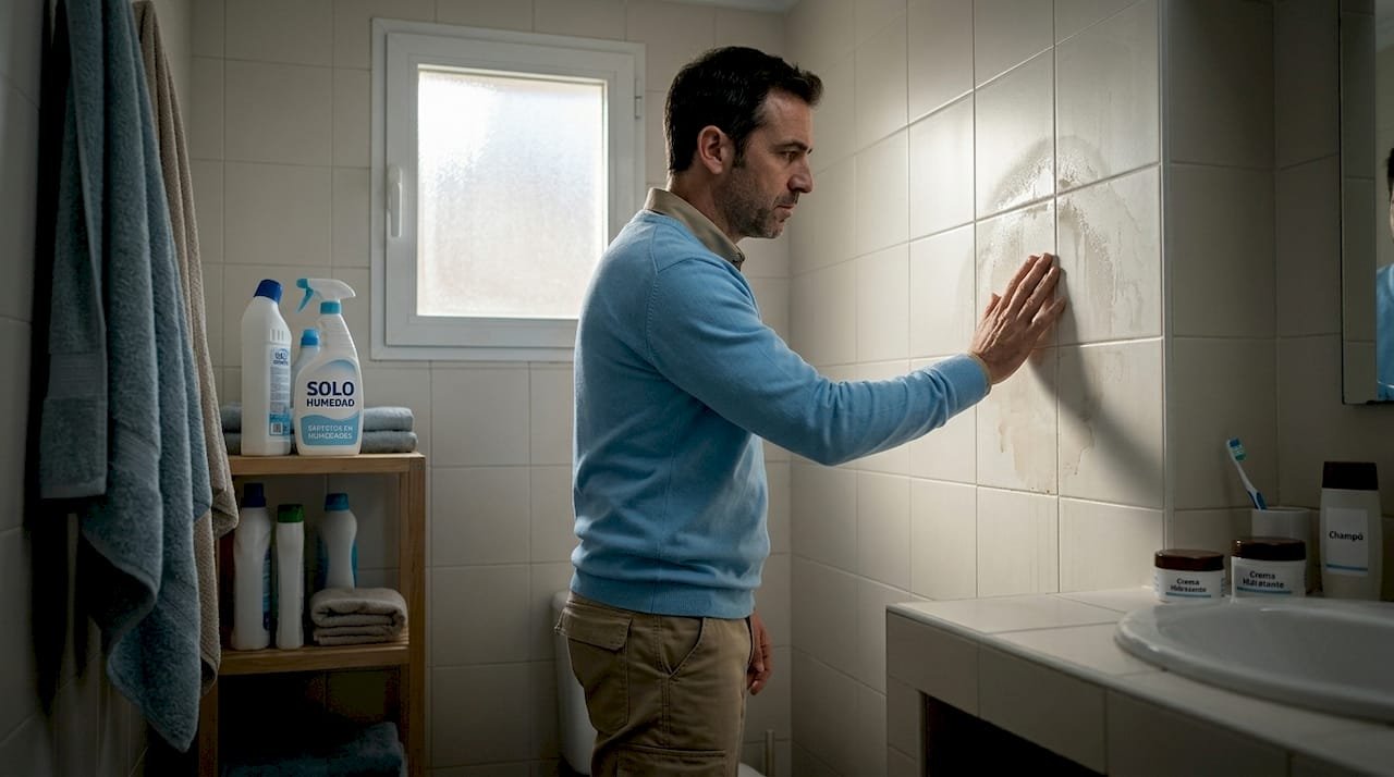 Hombre revisando una filtración de humedad en la pared
