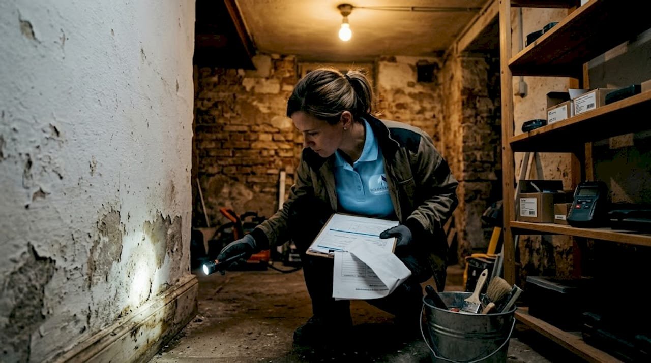 Especialista inspeccionando una pared afectada por filtraciones de humedad