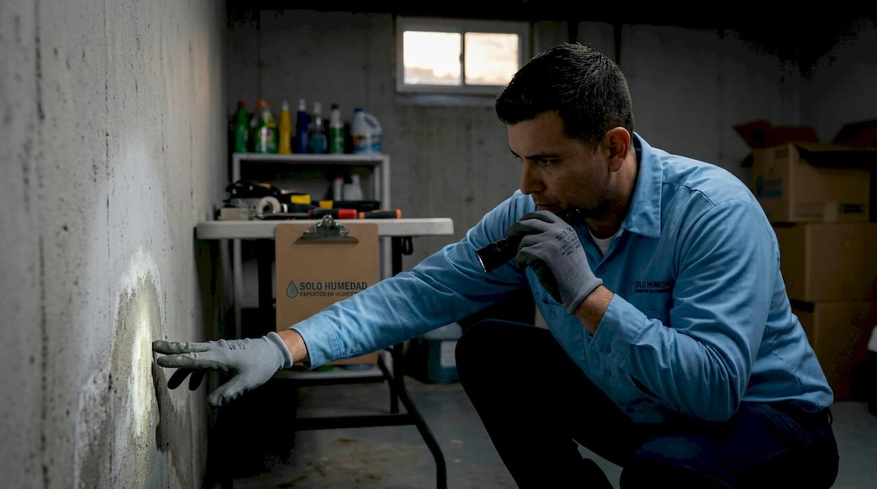 Especialista revisando filtraciones de humedad en la pared del sótano