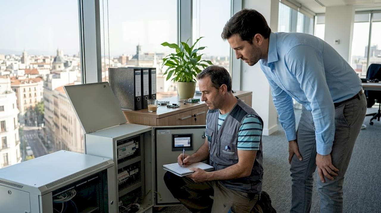 Responsable de mantenimiento revisando el equipamiento de oficina en Madrid