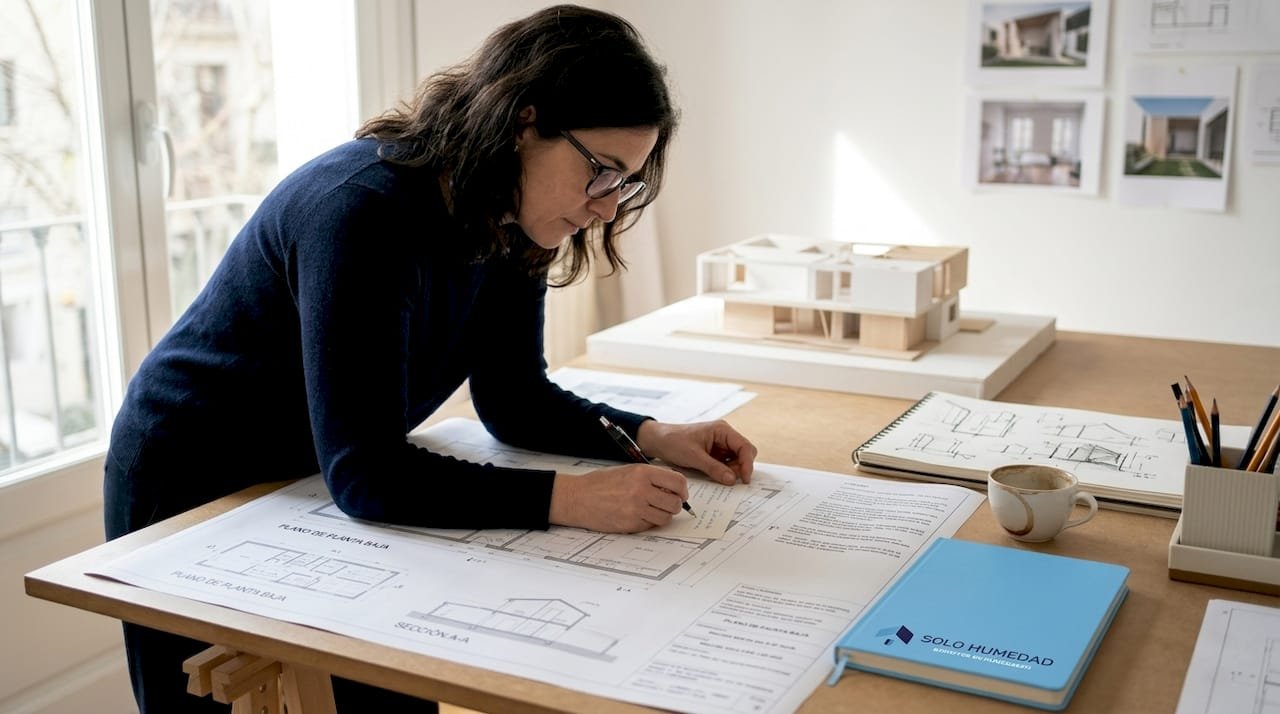 Arquitecta analiza un plano higrotérmico en su estudio