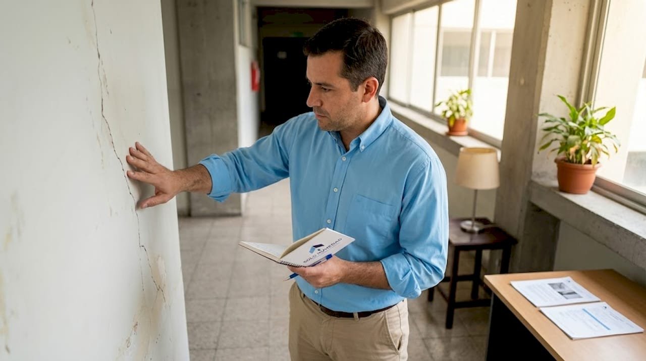 Un ingeniero revisa una grieta en la pared de un edificio de oficinas.