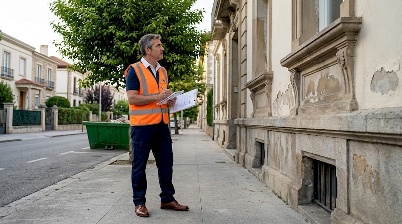 Un inspector examina la fachada de un edificio en pleno centro de la ciudad.