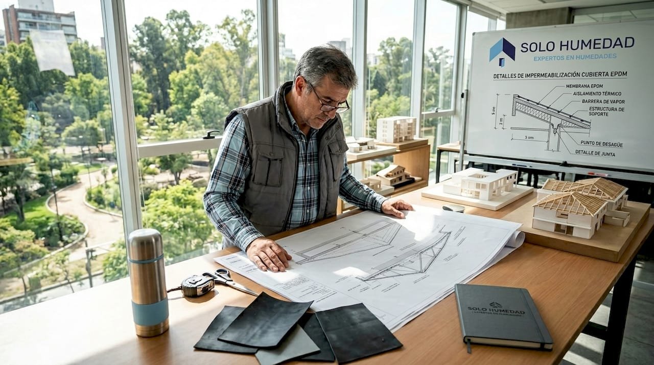 Especialista supervisando los planos de impermeabilización