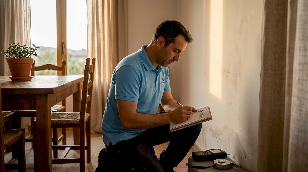 Un técnico revisa una mancha de humedad en la pared del salón.
