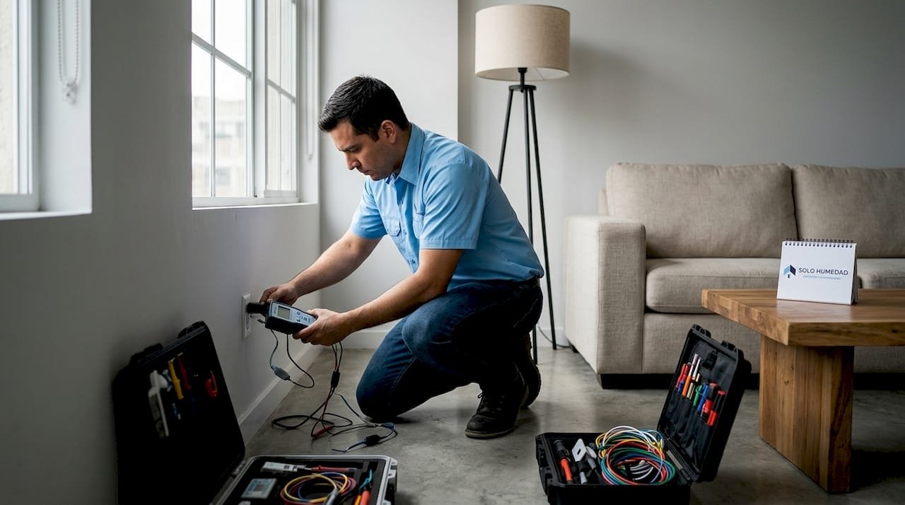 Especialista realizando la instalación de un sistema electrónico para controlar la humedad