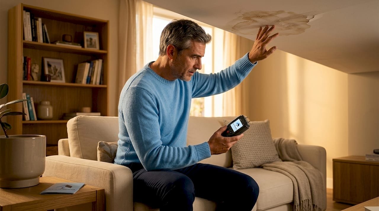 Hombre revisando la humedad en la pared de su casa