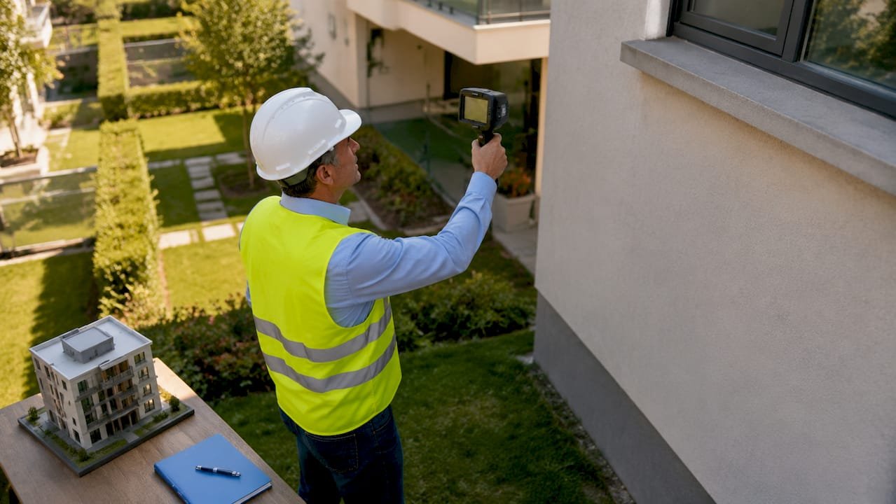 Técnico realizando una inspección en el edificio con una cámara termográfica