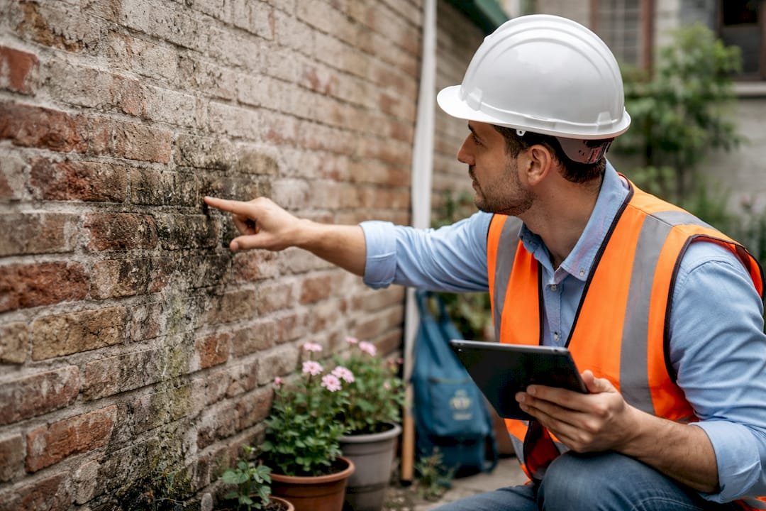 Especialista revisando la pared antes de aplicar un tratamiento preventivo
