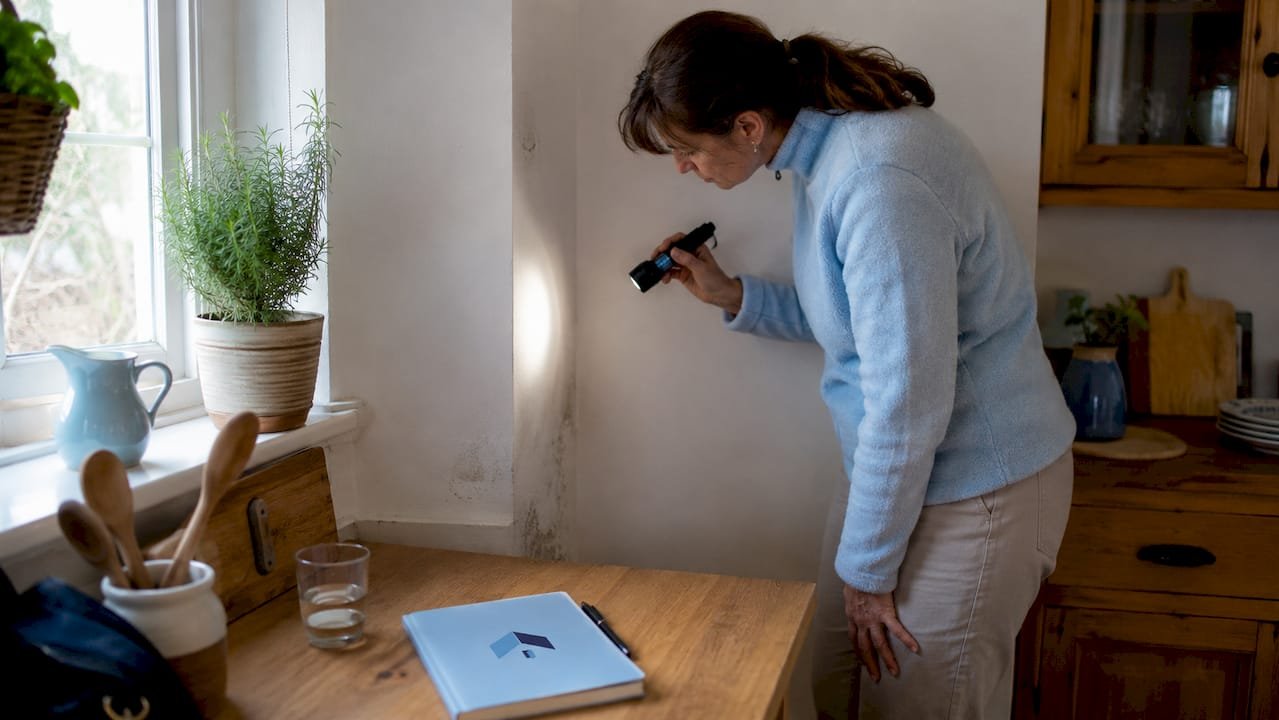 Una mujer revisa la esquina de una pared en su casa para comprobar si hay humedad.