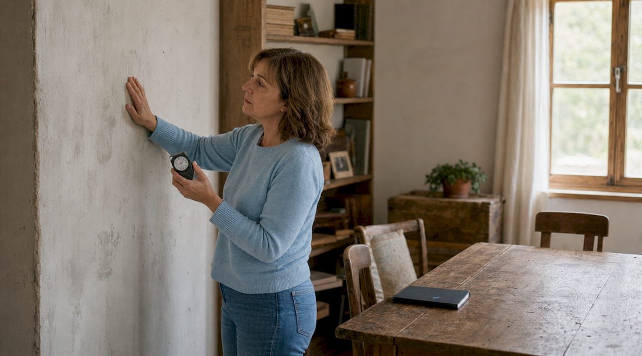 Mujer revisando la humedad de una pared interior con un medidor